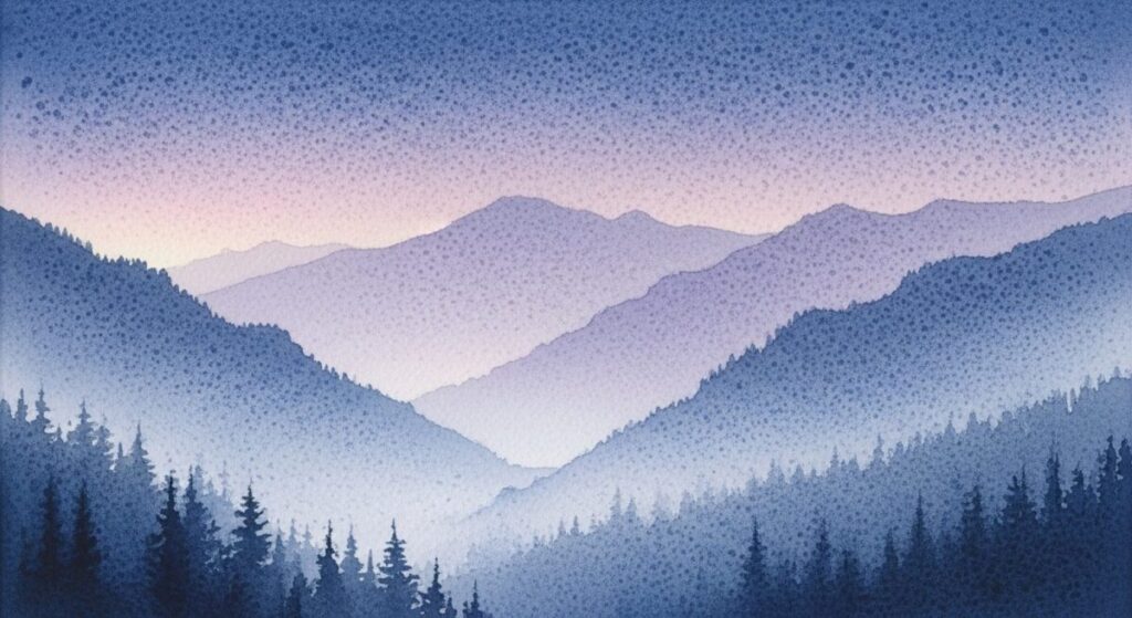 The Magic of Texture: A Deep Dive into Watercolor Granulation Techniques 3 A landscape painting demonstrating watercolor granulation techniques with soft, textured mountains and a mottled blue and purple sky