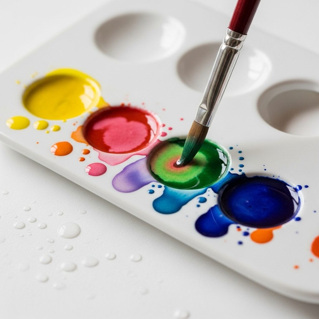 Three primary watercolor paints being mixed on white palette for flower painting