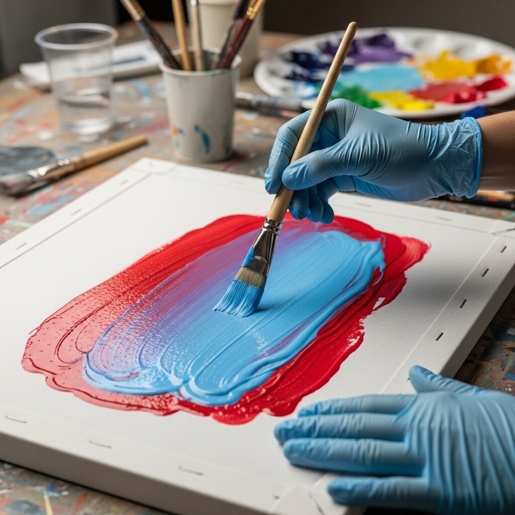 Step-by-step demonstration of wet-on-wet blending technique showing paint flowing and mixing on wet canvas