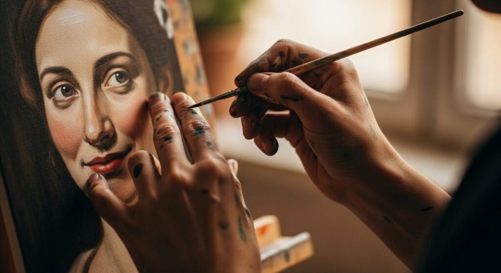 What is an Artist's Muse? The Secret Spark Behind the Masterpiece 3 What is an artist's muse? An artist's hands delicately painting a portrait of a woman on a canvas, symbolizing the concept of an artist's muse.