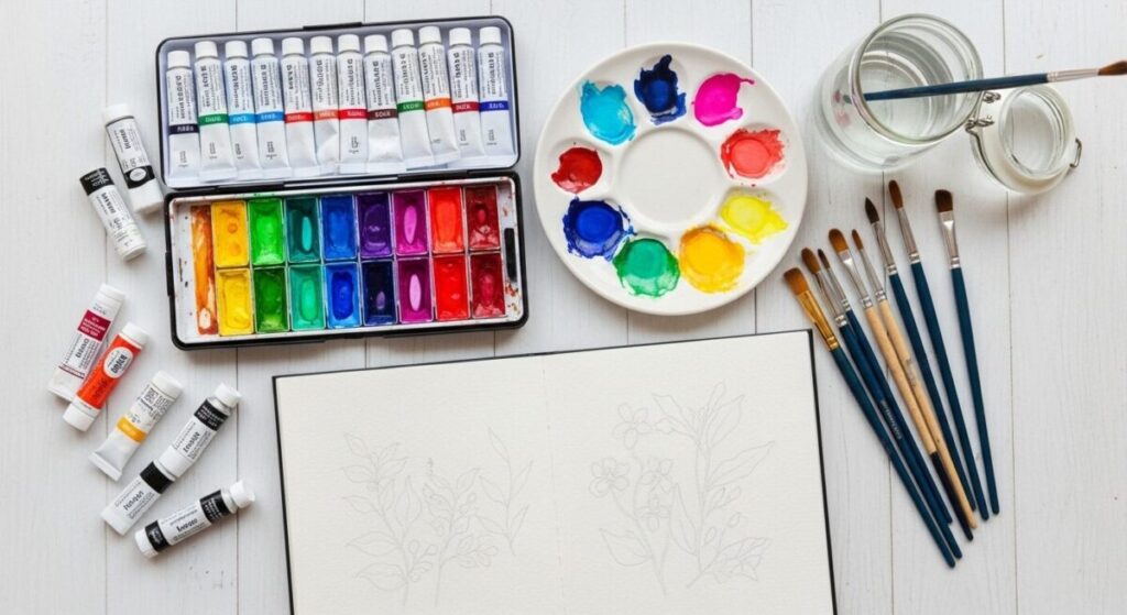 What is Gouache: A Beginner's Guide to Opaque Watercolors 3 A beginner's guide to what is gouache, featuring a set of colorful gouache paints, brushes, watercolor paper, and a mixing palette