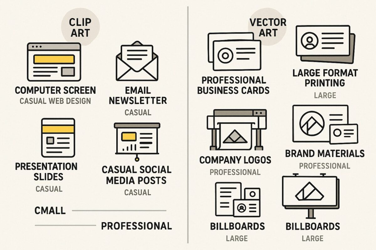 Comparison of clip art vs vector art usage scenarios for printing, web design, and branding applications