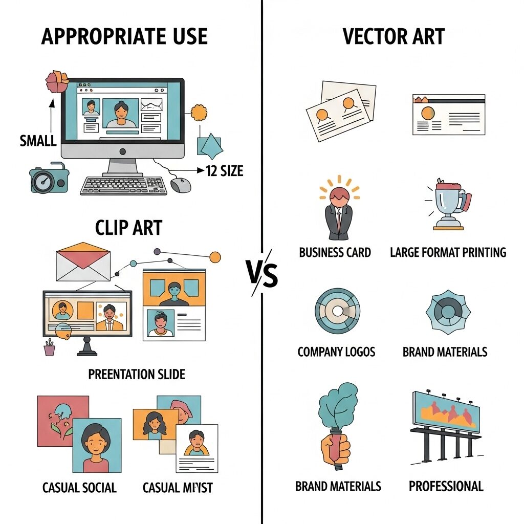 Comparison of clip art vs vector art usage scenarios for printing, web design, and branding applications