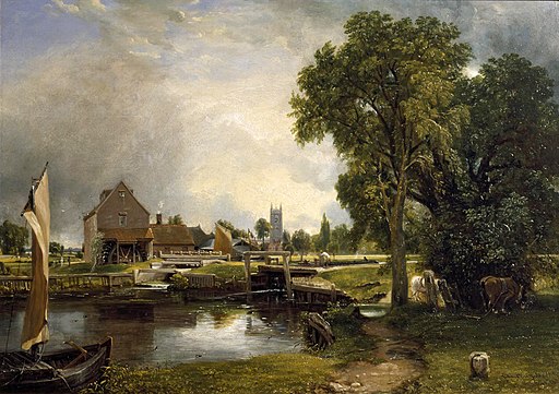 Constable v Turner: The Epic Rivalry That Changed British Art Forever 4 A detailed painting in the style of John Constable showing a realistic English countryside landscape with a lush green field, a winding river, and a distant church under a cloudy sky. The brushwork is precise and focused on authentic detail.