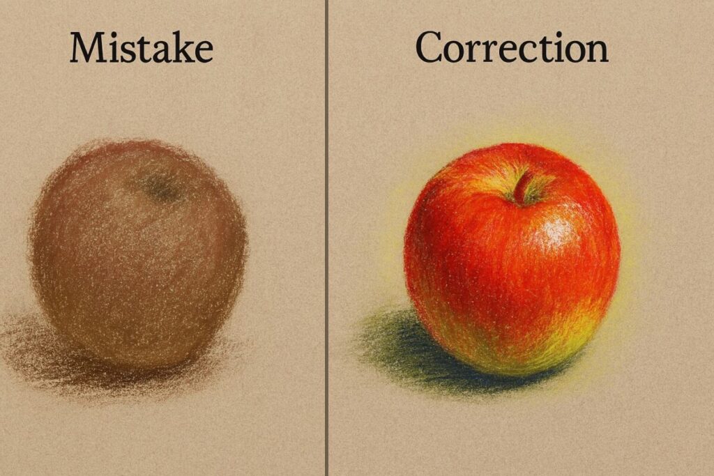 Unlock Your Art's Potential: Pastel Layering Techniques for Beginners 7 A side-by-side comparison of two small pastel drawings of an apple; one is muddy and flat, the other is vibrant and layered correctly.