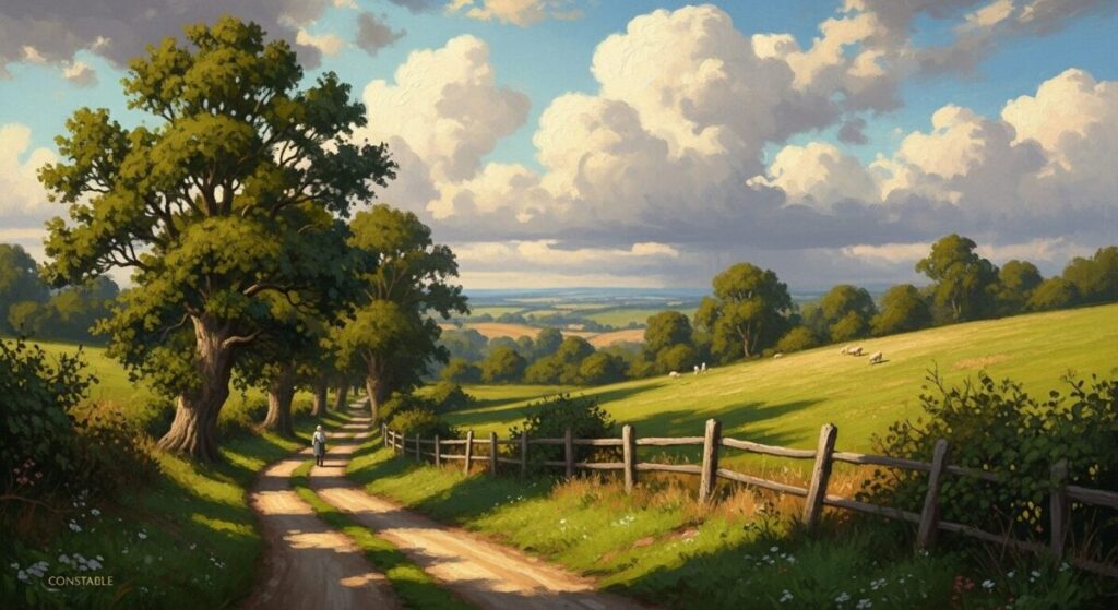 Digital oil painting in John Constable's style showing a sunlit English countryside with a winding road and dramatic clouds.