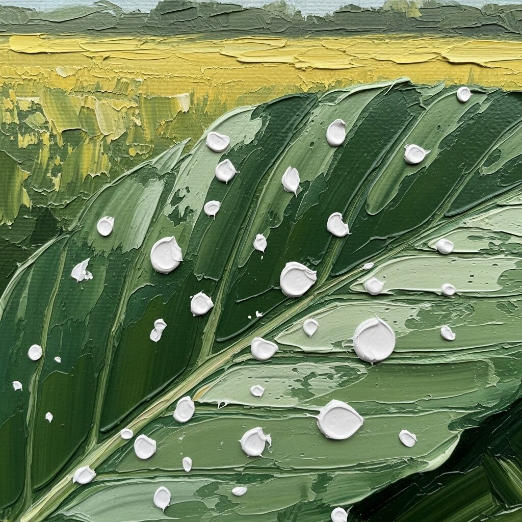 Macro close-up of a painting canvas showing thick, textured brushstrokes and white impasto paint on a green leaf, capturing light.
