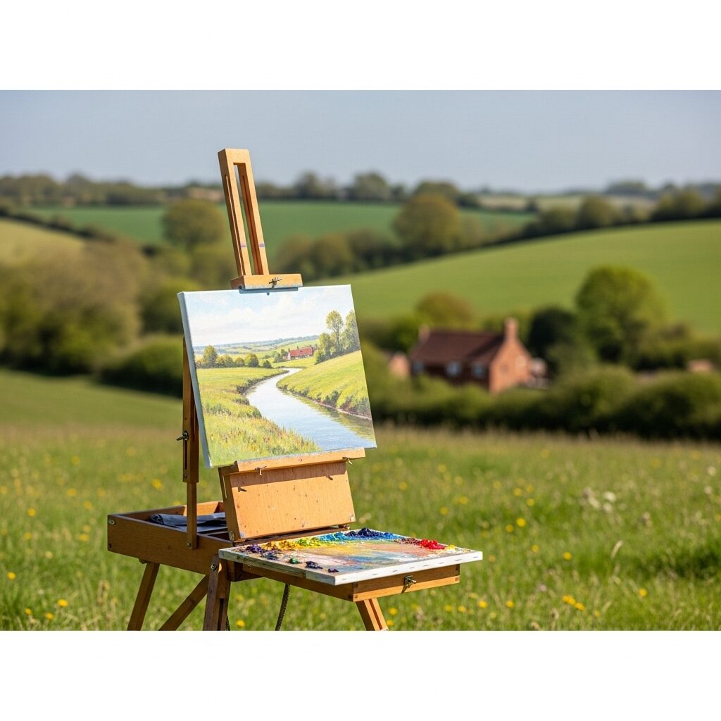 Photo of an artist's easel set up in a green field in Suffolk, England, with a landscape painting in progress.