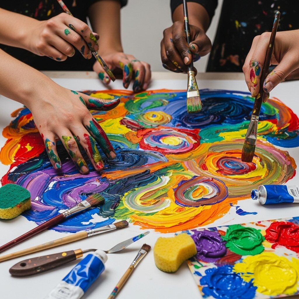 Understanding Art Therapy: How Creative Expression Heals Mind and Soul 5 Hands creating colorful abstract artwork expressing emotions through paint and brushstrokes