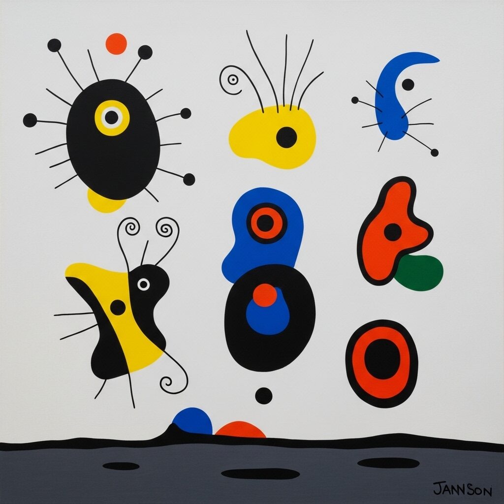 Exploring the Dreamscape: Your Definitive Guide to Surrealism Art 5 An abstract surrealism art piece with colorful, biomorphic shapes floating in a composition, in the style of Joan Miró