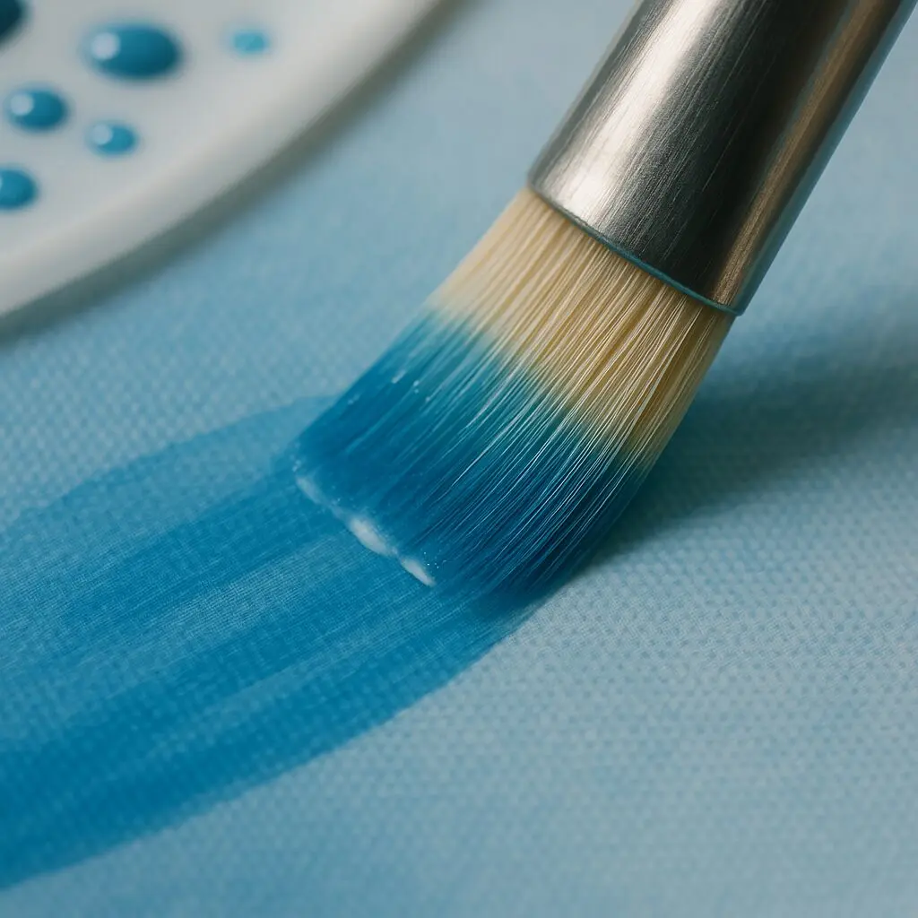 A close-up of a brush applying a thin blue glaze over a dry layer of paint, demonstrating the acrylic glazing technique for subtle blending.