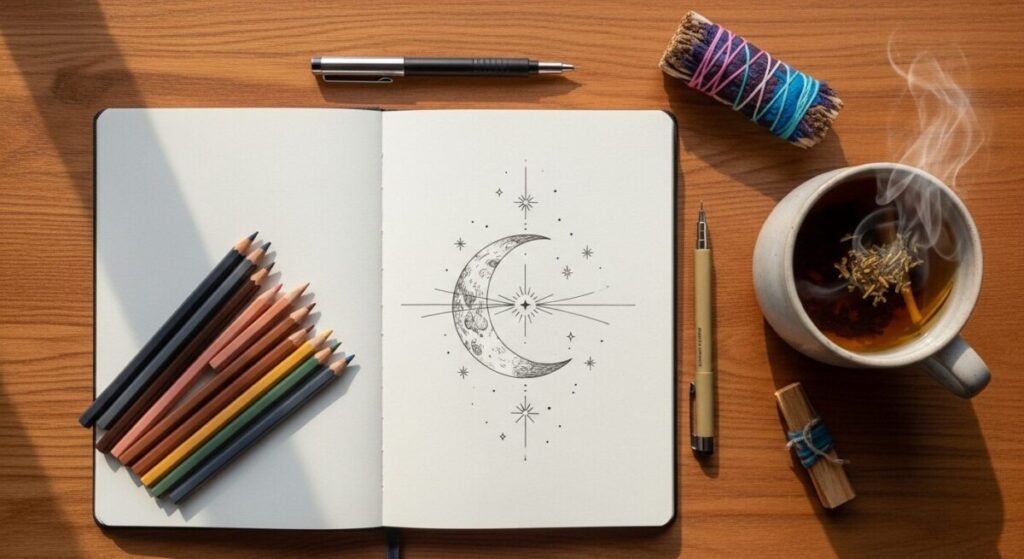 Beginner's Guide to Aesthetic Drawing: Essential Tips for Capturing Your Vibe 3 Open sketchbook with minimalist aesthetic moon drawing and art supplies on a wooden desk.