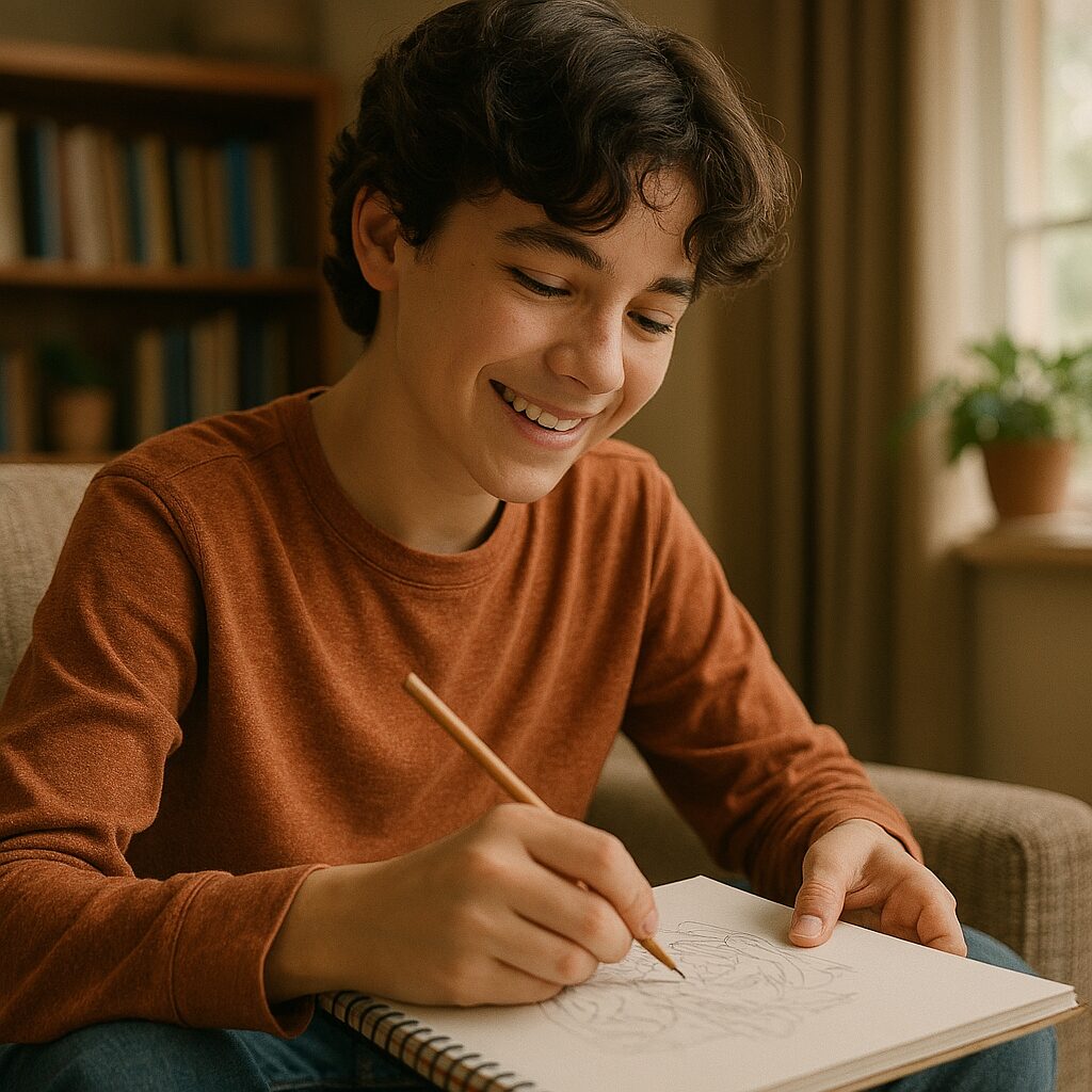 Beginner's Guide to Aesthetic Drawing: Essential Tips for Capturing Your Vibe 7 Young student drawing aesthetically in a park, showing concentration and enjoyment.