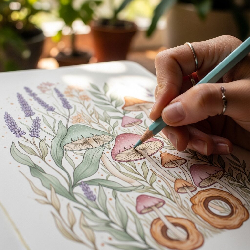 Beginner's Guide to Aesthetic Drawing: Essential Tips for Capturing Your Vibe 4 Hand drawing whimsical aesthetic plants and mushrooms in a sketchbook.