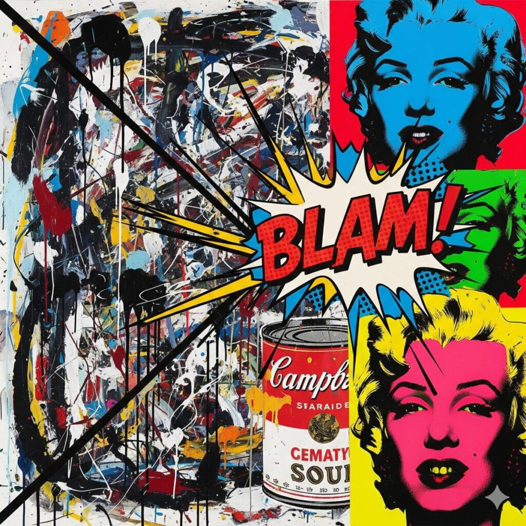 A vibrant collage representing the clash between Abstract Expressionism and Pop Art, with splattered paint and chaotic brushstrokes intermingling with images of a comic book panel and a stylized portrait.