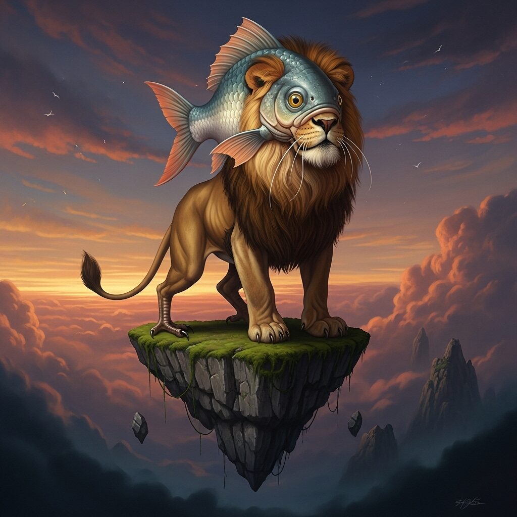 Exploring the Dreamscape: Your Definitive Guide to Surrealism Art 9 A surrealist painting of a fantastical hybrid creature, a lion with a fish head and bird legs.