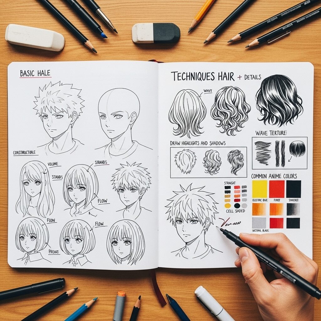 Anime hair drawing guide showing various hairstyles and techniques for creating realistic anime character hair]