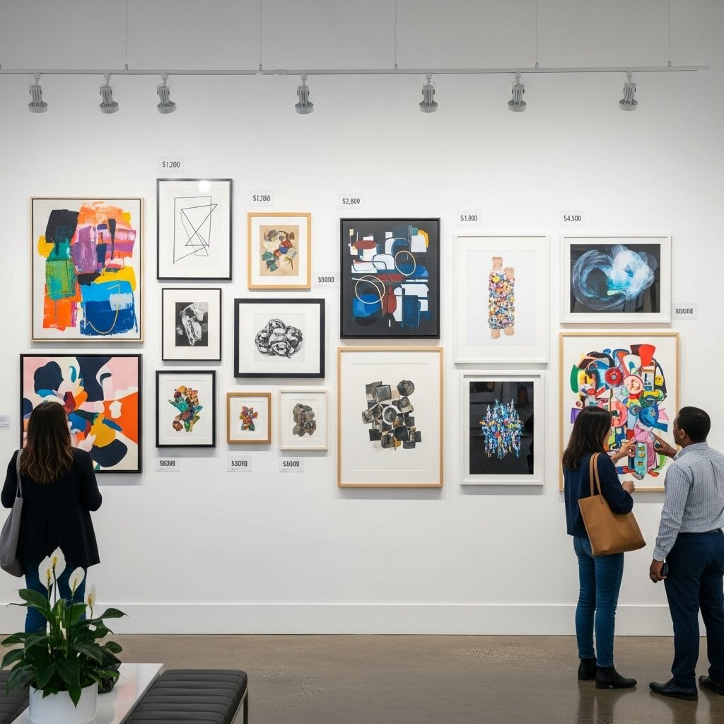 Gallery wall showing diverse artworks priced under $5,000 from emerging artists