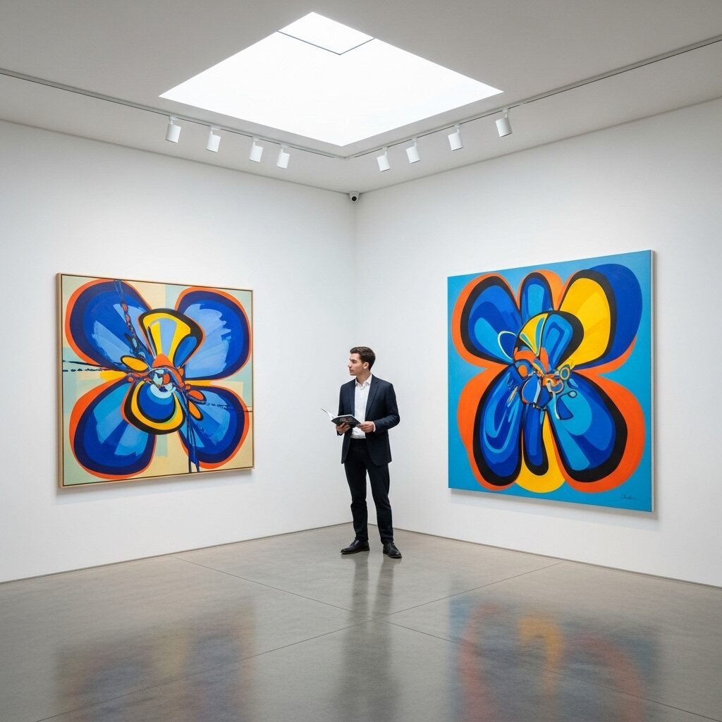 Young art collector viewing contemporary paintings in a modern gallery space with good lighting