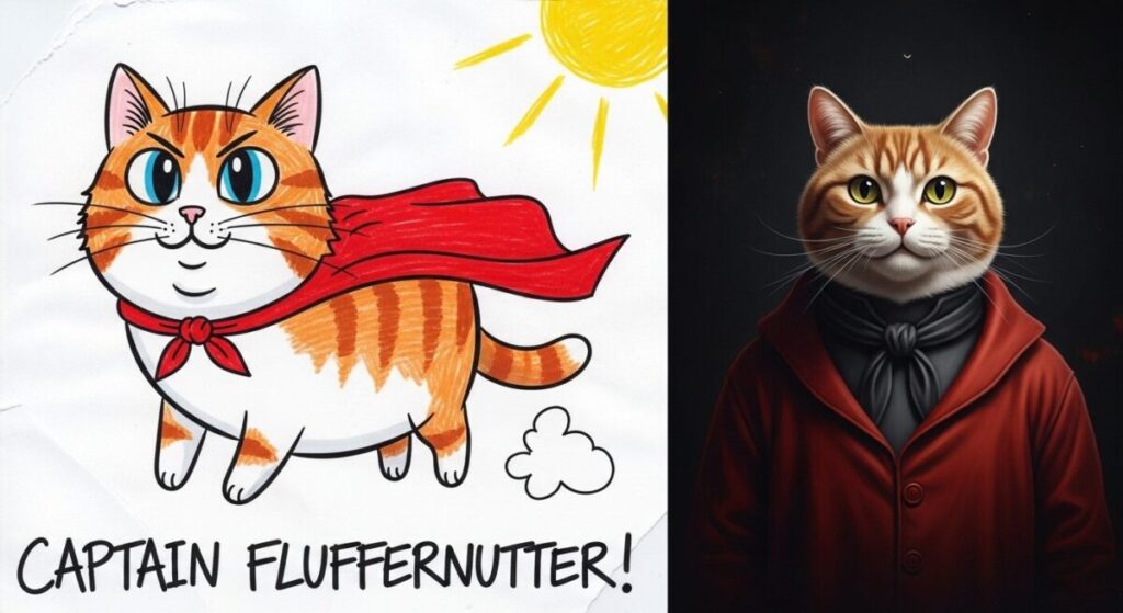 A split image showing a client's simple drawing of a superhero cat next to the artist's final, epic painting.