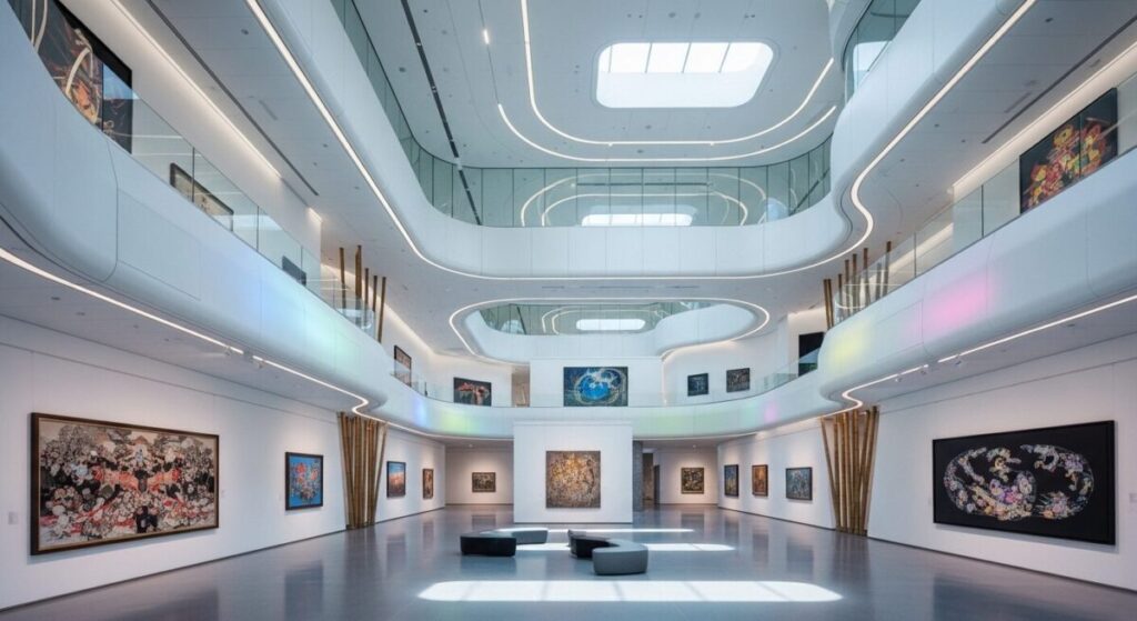 Futuristic art gallery with digital displays, sustainable materials, and diverse cultural artworks