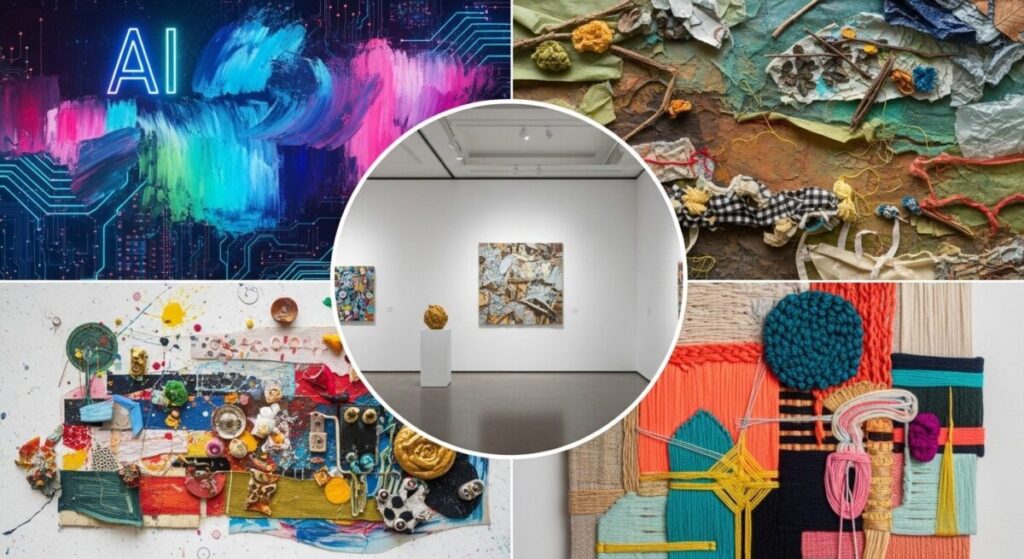 Colorful collage showing various 2025 art trends including AI art, environmental themes, and mixed media pieces