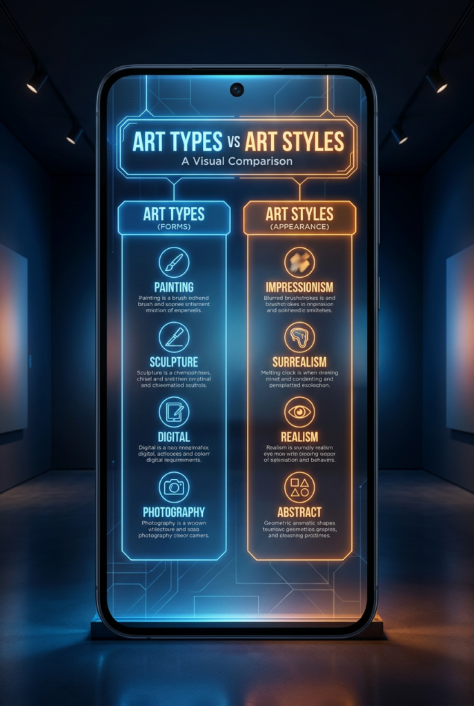 Art Types and Styles: 50+ Art Movements, Examples & Artist Guide 3 art types vs art styles infographic