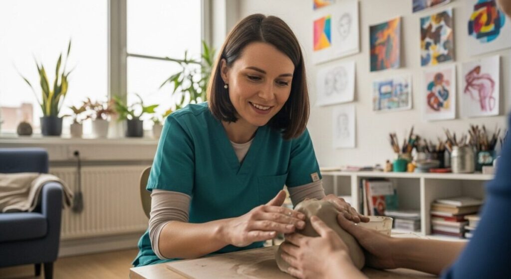 The Grounding Nature of Tactile Arts: Sculpting and Clay Work for Mental Wellness 8 Professional art therapist gently guiding a client during therapeutic clay work in a clinical setting, showing support and insight