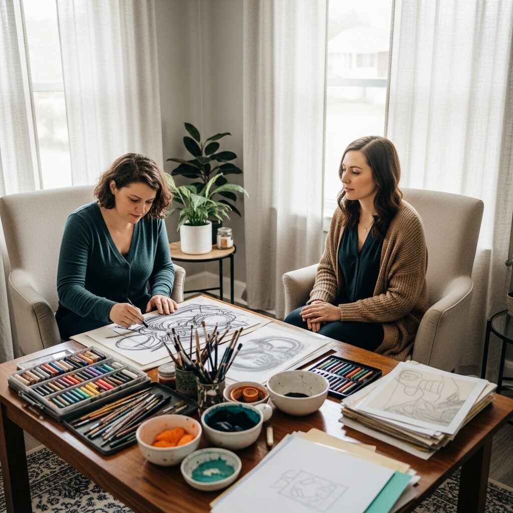 Understanding Art Therapy: How Creative Expression Heals Mind and Soul 6 Professional art therapist providing guidance and support to client during therapeutic art session