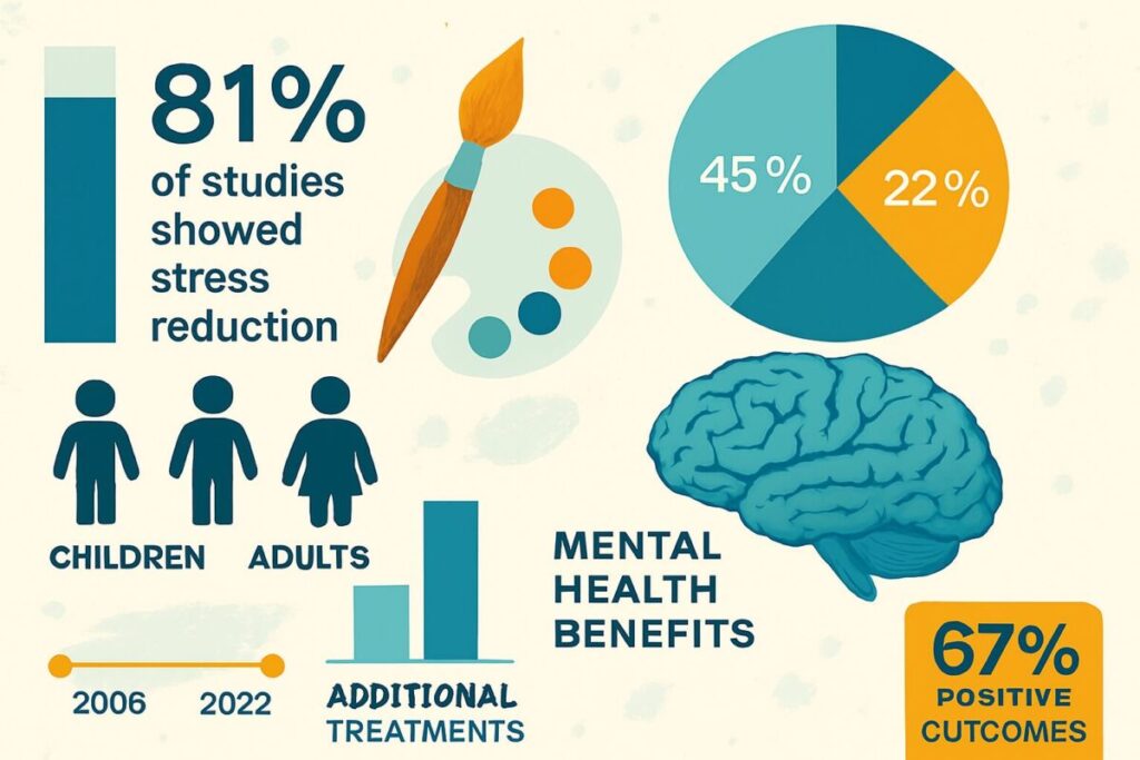 Understanding Art Therapy: How Creative Expression Heals Mind and Soul 4 Infographic displaying research statistics on art therapy effectiveness for stress and anxiety reduction