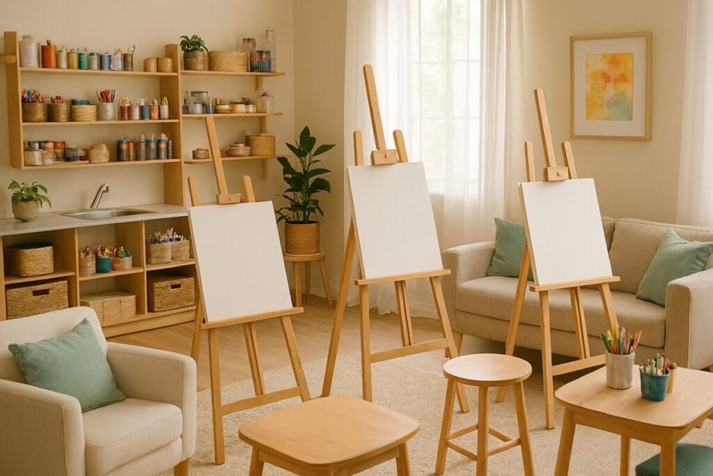 Understanding Art Therapy: How Creative Expression Heals Mind and Soul 3 Art therapy room with easels, colorful art supplies, and comfortable seating for therapeutic sessions
