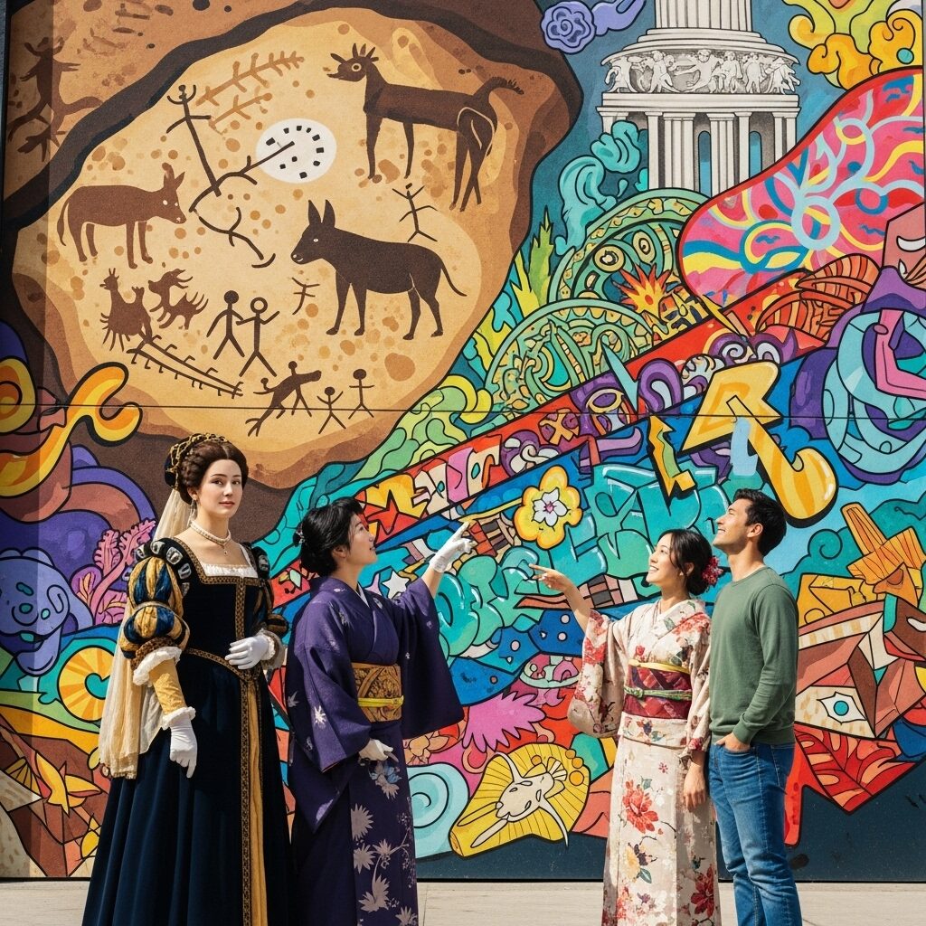 A digital illustration showing diverse people from different eras united by their appreciation for art, representing its power as a universal language.