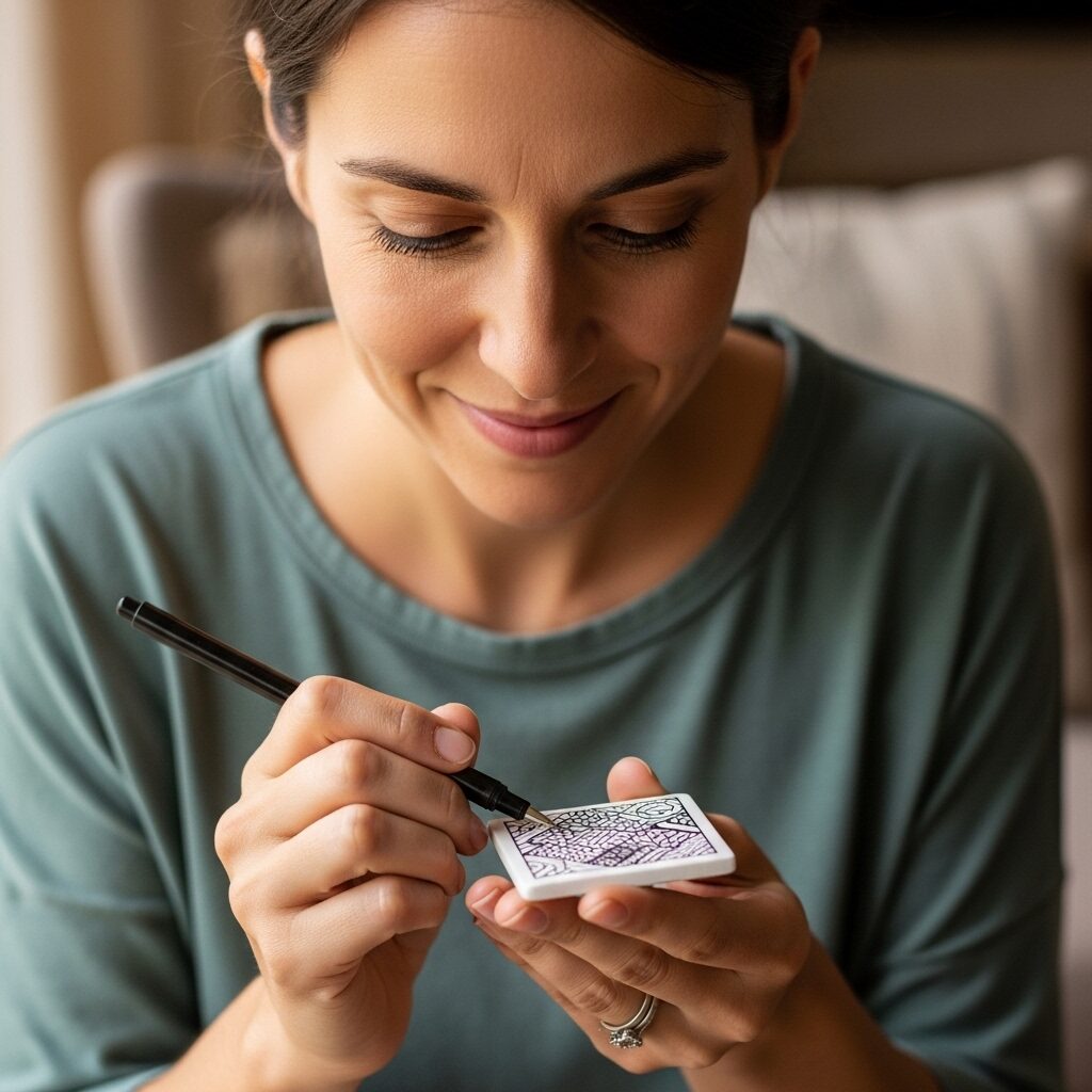A person with a peaceful expression is holding a completed Zentangle drawing, showcasing the meditative and relaxing aspect of the art.
