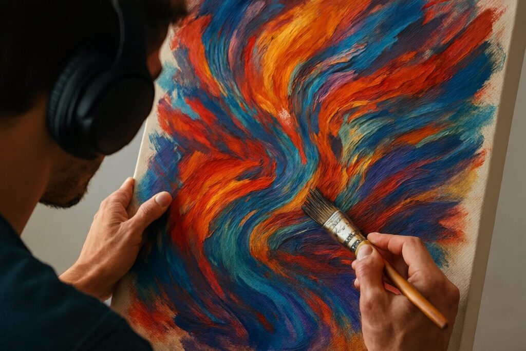 Mindful Art Forms for Stress Relief: Evidence-Based Techniques for Relaxation and Well-being 7 Artist's hands creating expressive painting while listening to music, showing dynamic brushstrokes and vibrant colors