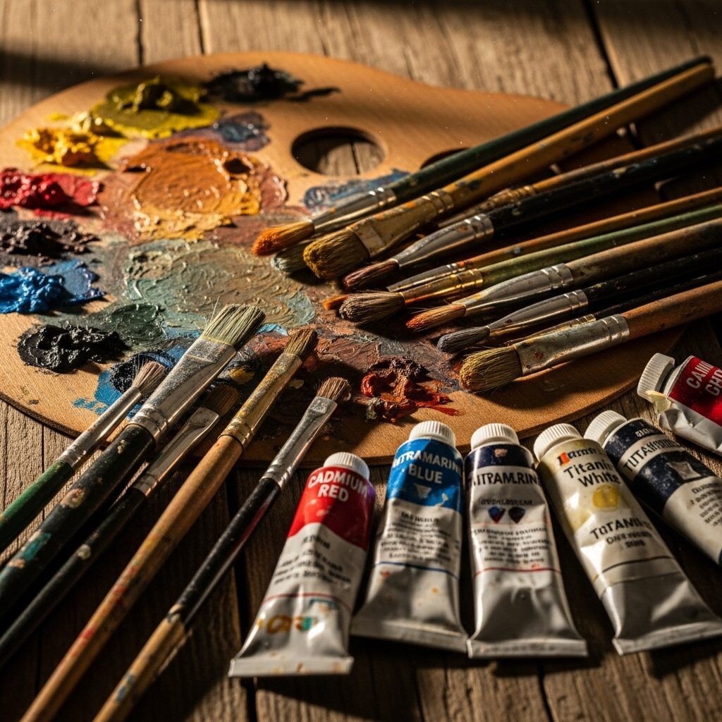 A close-up of a well-used artist's wooden palette with assorted paint-covered brushes and tubes of oil paint, evoking the creative process of painting.