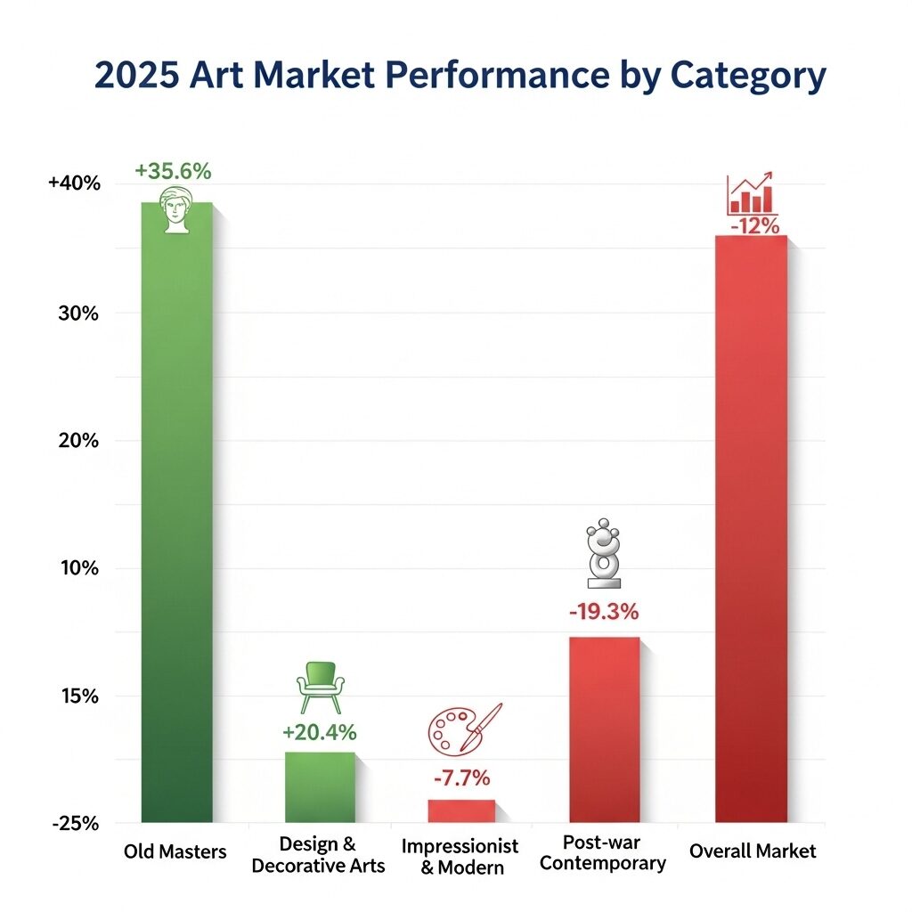 Bar chart showing art category performance in 2025 auctions with Old Masters leading gains