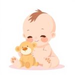 baby with cuddly toy flat vector minimal details solid colors white background