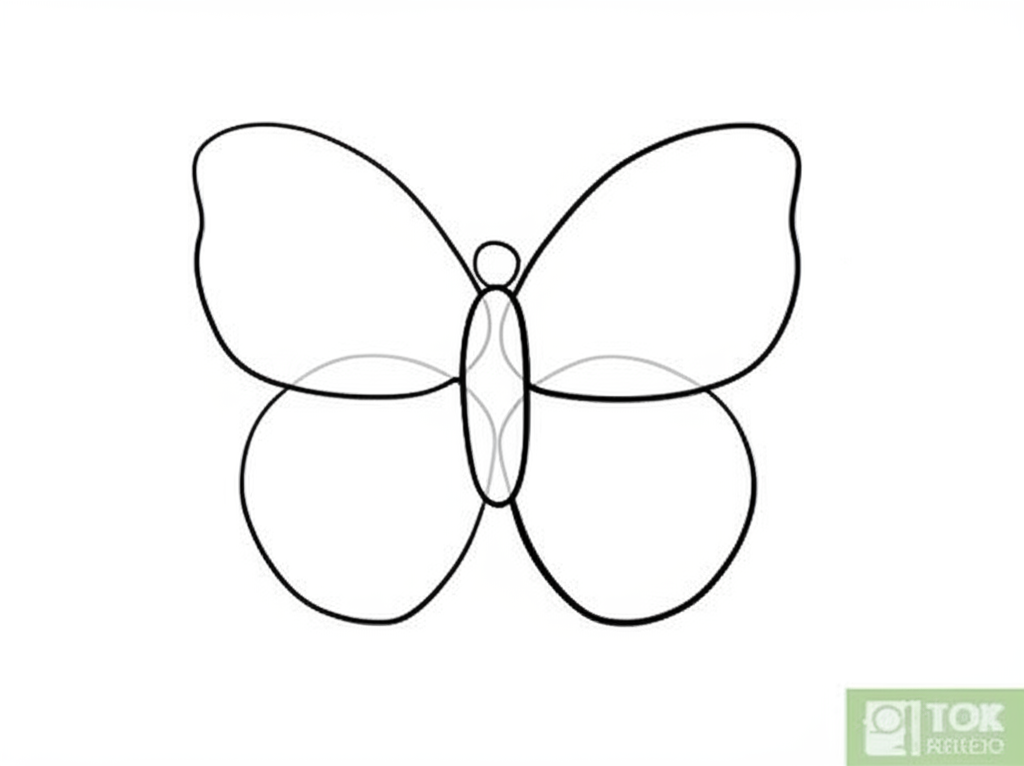 Beginner butterfly sketch showing symmetrical body and wing guide shapes for drawing tutorials.