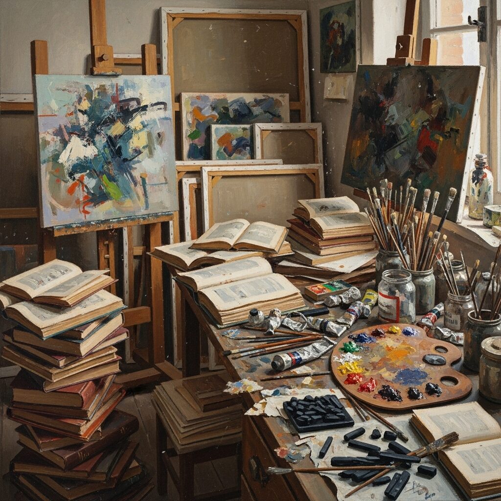 8 Modern Impressionist Artists You Need to Know 8 An impressionistic painting of a cluttered artist's studio in the style of Beatrice Meoni, featuring haphazard strokes of color that obscure details to capture a fleeting moment.
