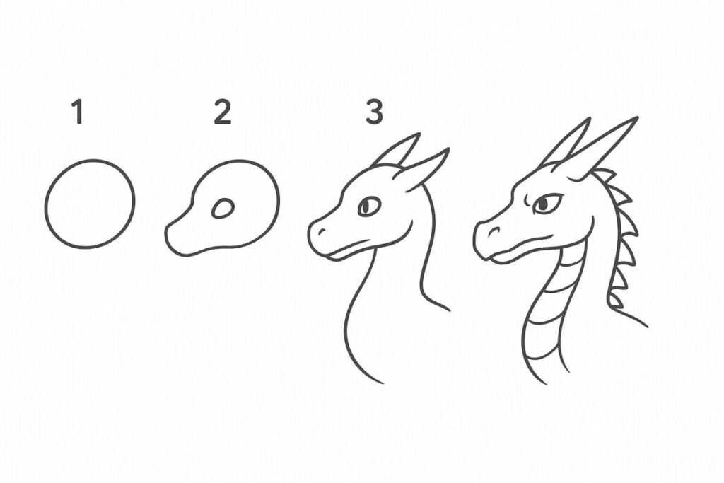 Three-panel tutorial showing progression from circle to detailed dragon head with eyes, horns, and features