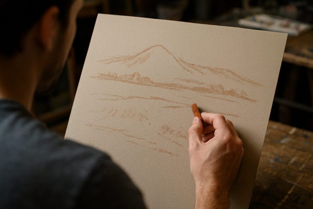 Unlock Your Art's Potential: Pastel Layering Techniques for Beginners 5 An artist's hand lightly dragging the side of a hard, ochre-coloured pastel stick across sanded paper to block in the underpainting for a landscape.