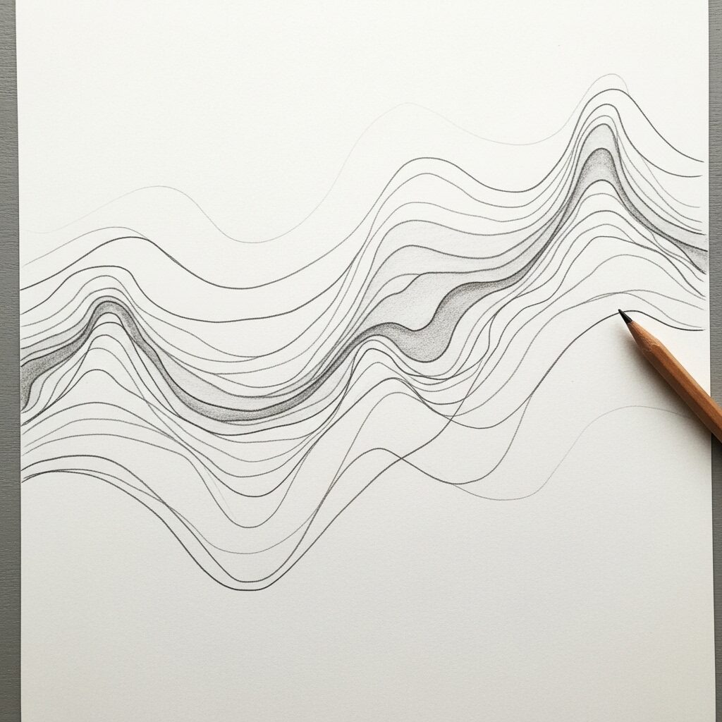 Example of breath drawing meditation showing rhythmic up and down pencil lines on white paper"