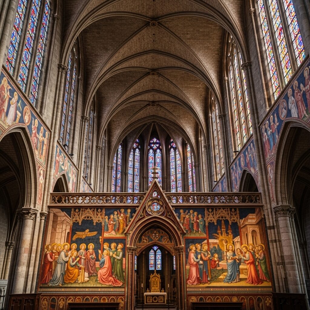 Medieval frescoes in a Gothic cathedral, showing how paintings with deep meaning were part of daily spiritual life.
