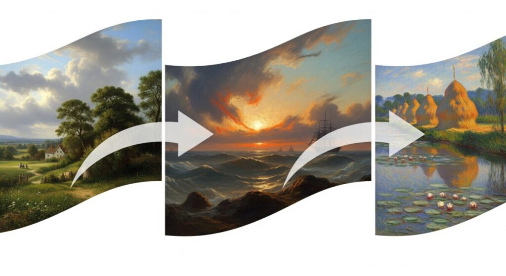 Constable v Turner: The Epic Rivalry That Changed British Art Forever 7 A conceptual image showing the evolution of art from Constable’s realism to Turner’s light experiments, and finally to an early Impressionist painting, demonstrating their combined influence on modern art.