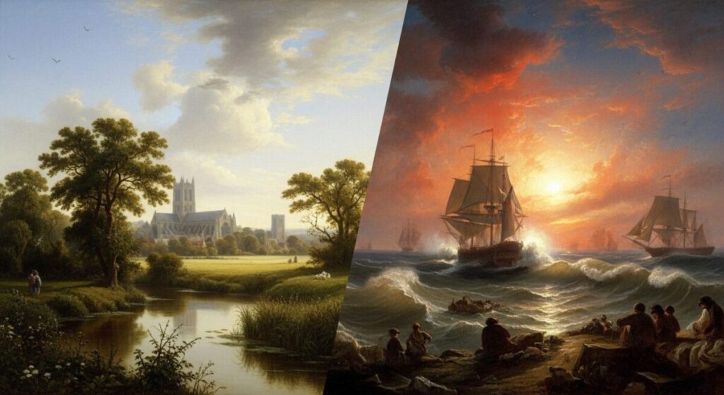 Constable v Turner: The Epic Rivalry That Changed British Art Forever 3 A side-by-side comparison of paintings by John Constable and J.M.W. Turner. Constable's side shows a realistic, detailed English countryside, while Turner's side displays a dramatic, abstract seascape with a blazing sunset, highlighting their contrasting styles.