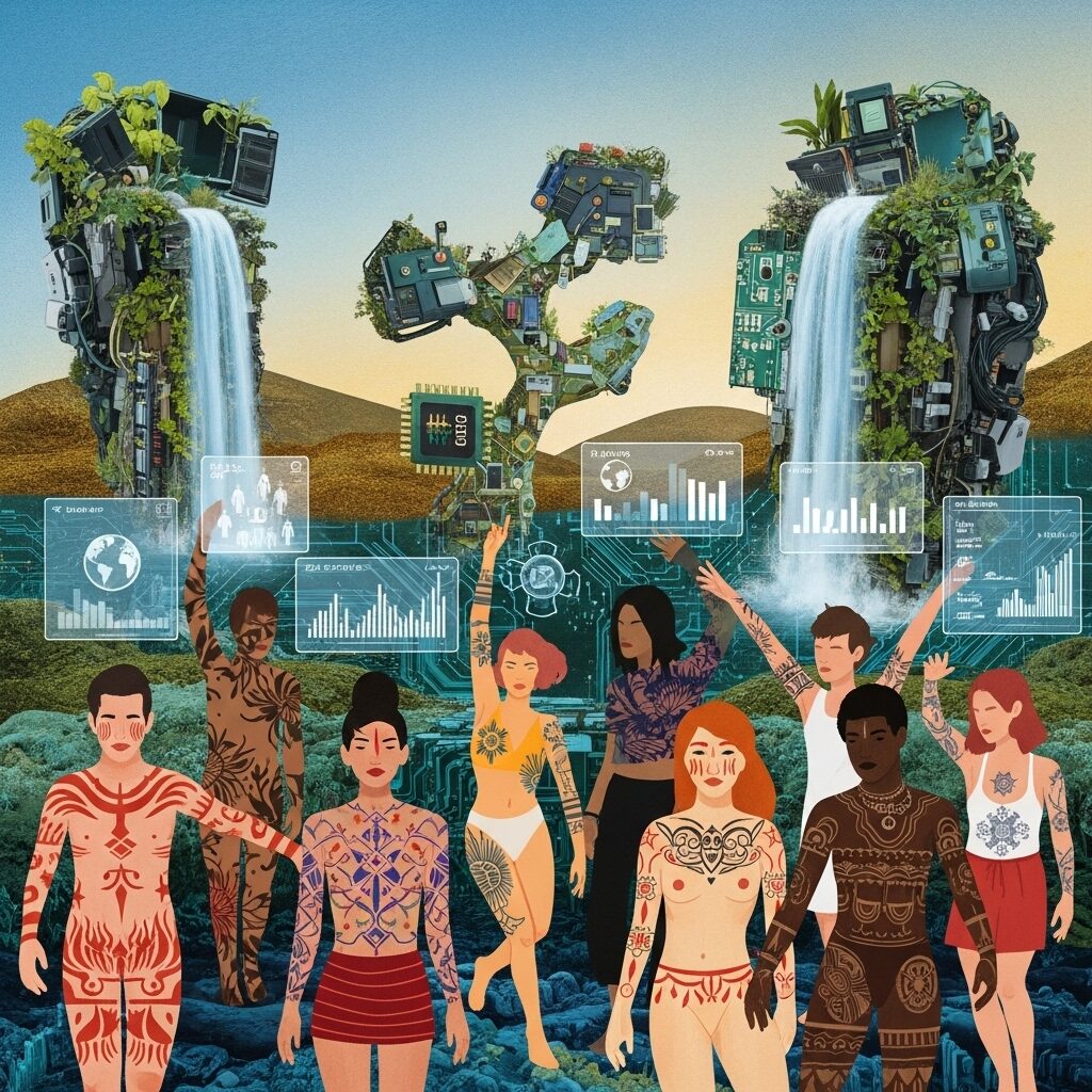 Artistic collage showing various contemporary themes including environmental art, identity exploration, and technology integration