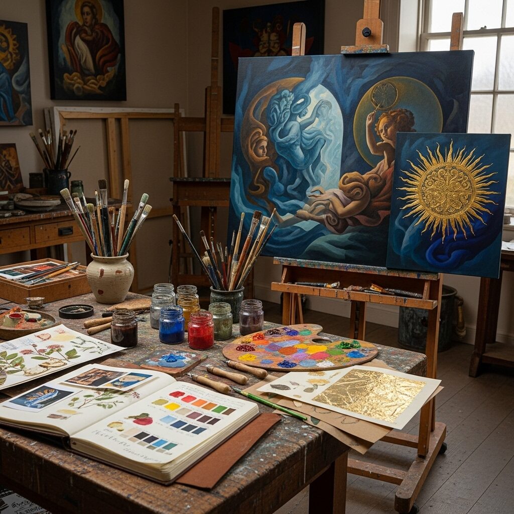 An artist's studio showing the careful process and materials used to create paintings with deep meaning.