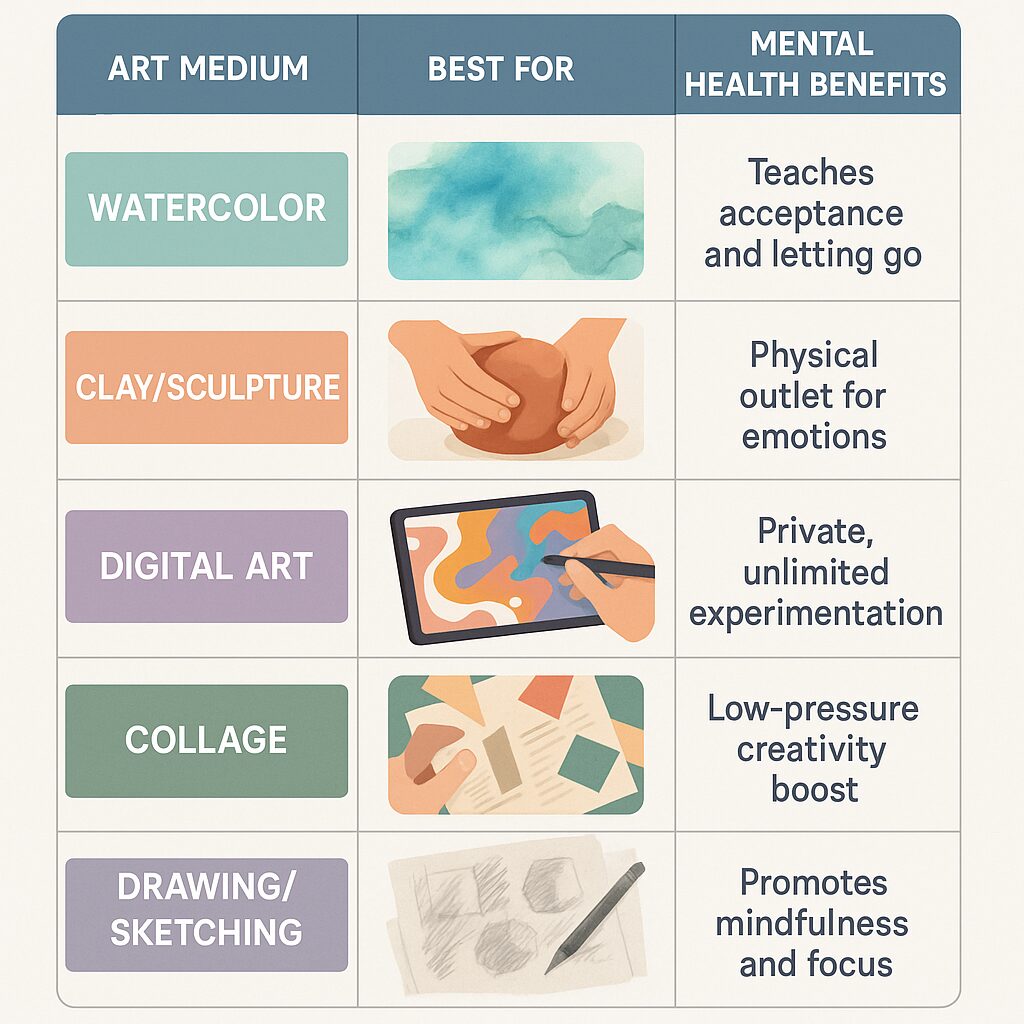Comparison table showing various art mediums like watercolor, clay, and digital art with their specific mental health benefits