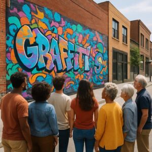 diverse group admiring urban street art