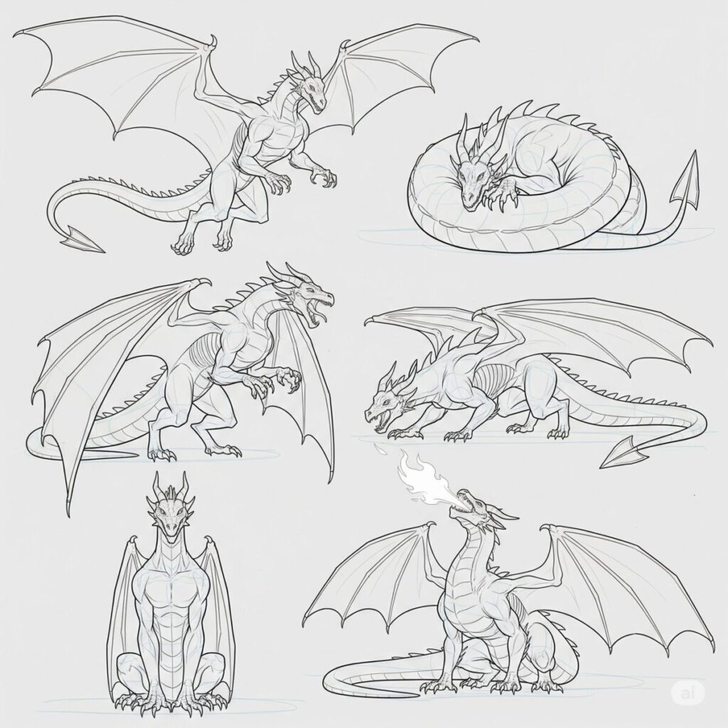 Multiple dragon sketches showing various dynamic poses including flying, sitting, and attacking positions